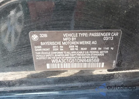 2013 BMW 328 из США, поврежденный, VIN WBA3C1G51DNR48568